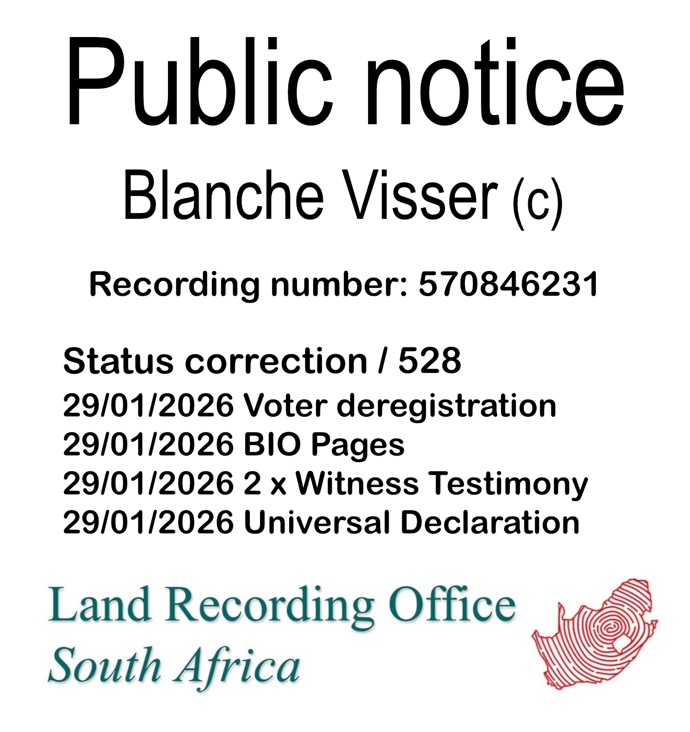 Public notice Blanche Visser Recording number 570846231
